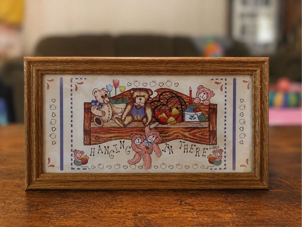 Vintage Teddy Bear Hang In There Framed Wall Art Wood Frame Nursery Cottage Deco